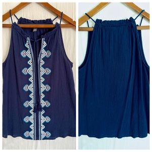 Market and Spruce navy blue embroidered tank